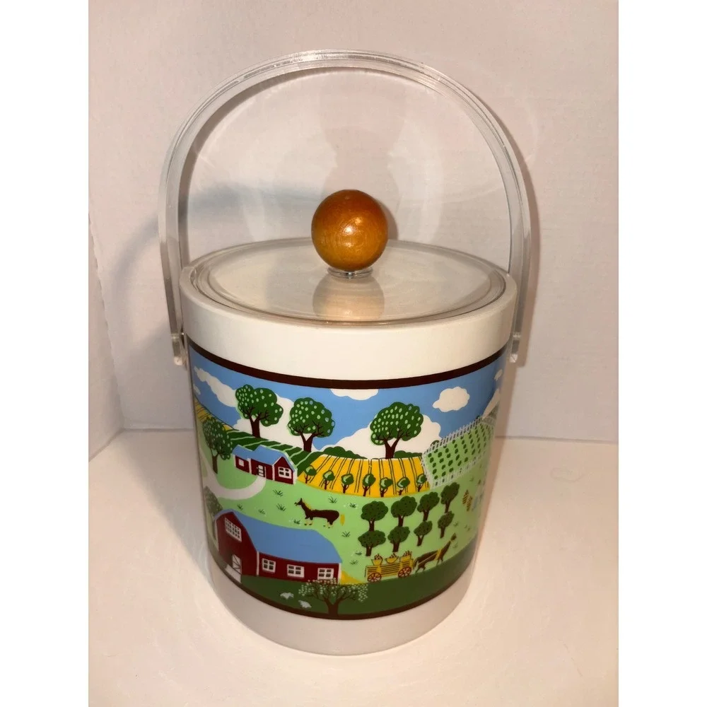Vintage Folk Art Farm Scene Ice Bucket Insulated Acrylic Handle‎ Wood Knob Lid